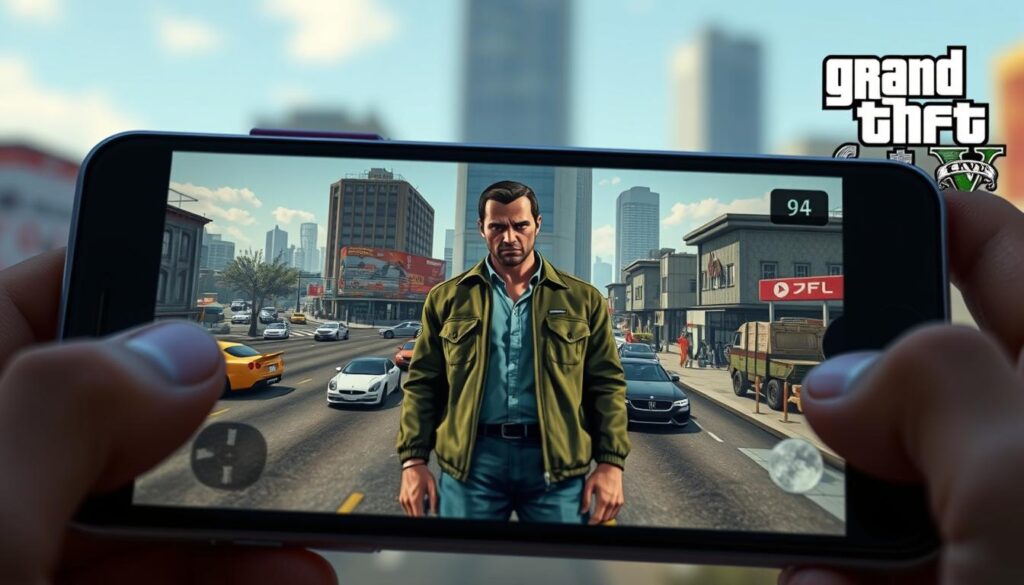 Detailed, high-resolution graphics of a remastered Grand Theft Auto game on a mobile phone. In the foreground, the phone screen displays a vivid, open-world city scene with realistic cars, buildings, and pedestrians. The middle ground showcases the game's iconic protagonist, expertly rendered with intricate textures and lighting. The background subtly hints at the game's iconic branding and visual style, creating a cohesive and immersive atmosphere. The overall image conveys the exceptional quality and attention to detail that makes this mobile GTA application a standout experience.