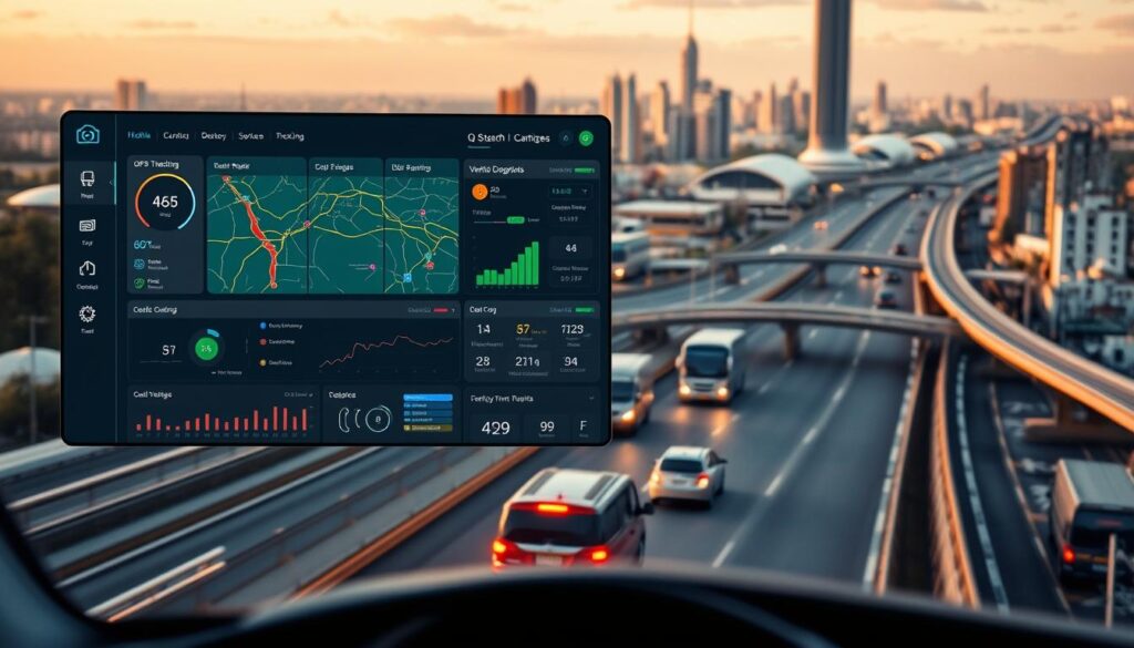 High-resolution, highly detailed image of vehicle tracking functionalities, showcasing various features and capabilities. Crisp, clean design with a sleek, modern aesthetic. Foreground displays a dashboard interface with various monitoring and control options, including GPS tracking, vehicle diagnostics, and route optimization. Middle ground depicts multiple vehicles being tracked, with data and analytics overlays. Background features a cityscape with roads, buildings, and other transportation infrastructure. Warm, vibrant lighting and a balanced, professional color palette convey a sense of advanced technology and reliable performance. Precise, technical composition highlighting the comprehensive nature of the vehicle tracking system.