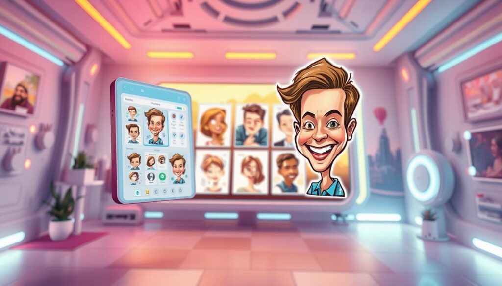 A caricature tool powered by AI, floating in a vibrant, playful digital workspace. In the foreground, the tool's interface shimmers with customizable features, inviting the user to transform their photos into exaggerated, whimsical caricatures. The middle ground features a selection of sample caricatures, showcasing the tool's versatility and the artist's creative potential. The background depicts a futuristic, technology-infused landscape, hinting at the AI-driven magic behind the caricature creation process. Warm, saturated colors and a subtle glow convey a sense of imagination and delight, perfectly capturing the essence of the "How the AI Caricature Tool Works?" section.