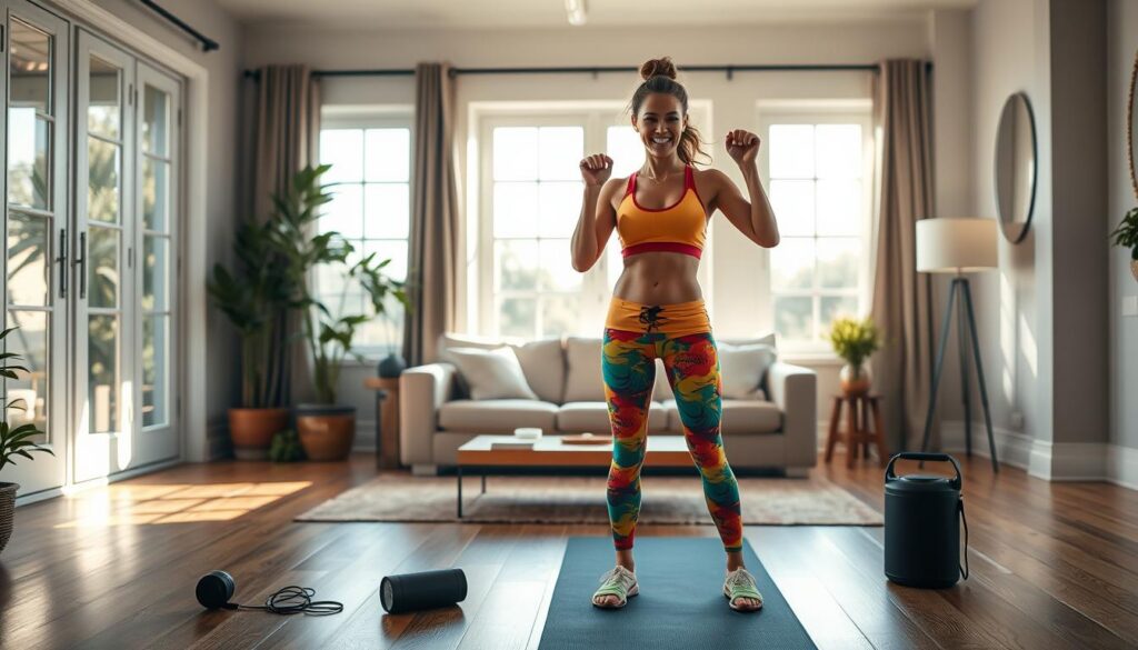 A cozy home yoga studio with natural light flooding through large windows. In the foreground, a woman stands in a Zumba pose, wearing vibrant workout gear and exuding energy and enthusiasm. Surrounding her, essential Zumba equipment is neatly arranged, including a wireless speaker, a yoga mat, and a water bottle. The middle ground features a minimalist and inviting decor, with plants and a neutral-toned sofa creating a serene atmosphere. The background showcases a clean, organized space, hinting at the homeowner's dedication to their health and wellness journey. A cozy home yoga studio with natural light flooding through large windows. In the foreground, a woman stands in a Zumba pose, wearing vibrant workout gear and exuding energy and enthusiasm. Surrounding her, essential Zumba equipment is neatly arranged, including a wireless speaker, a yoga mat, and a water bottle. The middle ground features a minimalist and inviting decor, with plants and a neutral-toned sofa creating a serene atmosphere. The background showcases a clean, organized space, hinting at the homeowner's dedication to their health and wellness journey.