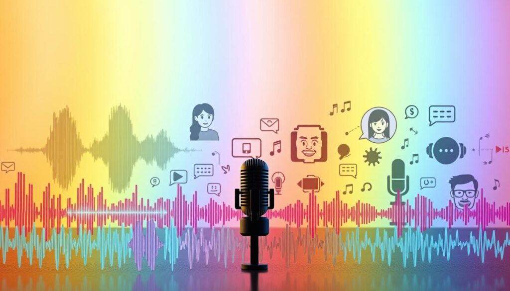 A diverse array of expressive voice effects against a vibrant, visually engaging backdrop. In the foreground, a dynamic range of audio waveforms and modulation visualizations, capturing the versatility of voice transformations. The middle ground features stylized icons or illustrations representing different communication scenarios - phone calls, video chats, audio messages, and more. The background showcases a playful, colorful gradient or abstract pattern, evoking a sense of creativity and fun. Soft, diffused lighting creates a polished, professional aesthetic. The overall composition conveys the versatility and entertainment value of voice manipulation technologies in various everyday situations. A diverse array of expressive voice effects against a vibrant, visually engaging backdrop. In the foreground, a dynamic range of audio waveforms and modulation visualizations, capturing the versatility of voice transformations. The middle ground features stylized icons or illustrations representing different communication scenarios - phone calls, video chats, audio messages, and more. The background showcases a playful, colorful gradient or abstract pattern, evoking a sense of creativity and fun. Soft, diffused lighting creates a polished, professional aesthetic. The overall composition conveys the versatility and entertainment value of voice manipulation technologies in various everyday situations.