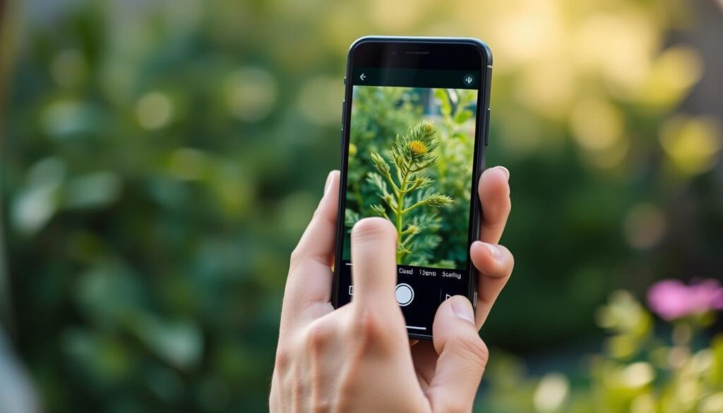 A high-resolution close-up photograph of a person's hand using Google Lens app on a smartphone to identify a plant. The hand is holding the phone in a natural, casual pose, with the plant in focus on the screen. The background is blurred, but suggests an outdoor setting with greenery. The lighting is natural and soft, creating a warm, inviting atmosphere. The overall composition emphasizes the simplicity and accessibility of using AI-powered plant identification technology. The image conveys the ease and empowerment of being able to quickly identify any plant with just a snapshot.