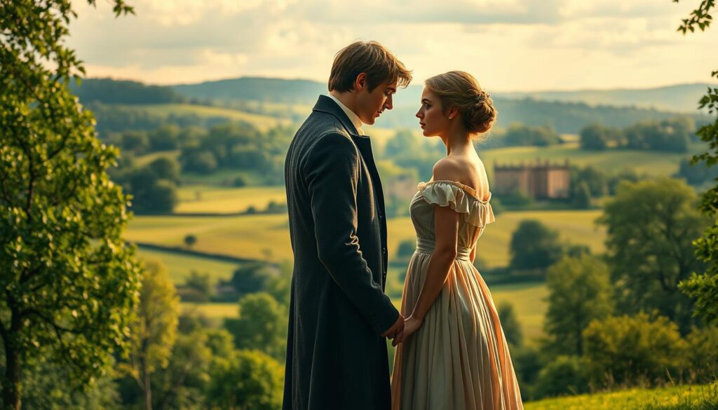 A lush 19th century English countryside, with rolling hills and a stately manor house in the background. In the foreground, two figures stand facing each other, a handsome gentleman in a tailored coat and a beautiful young woman in an elegant dress. They are framed by verdant trees and a bright, golden-hued sky, conveying a sense of romantic tension and high society. The lighting is soft and diffused, creating a dreamlike, cinematic atmosphere. The scene captures the essence of the classic novel "Pride and Prejudice", evoking a timeless tale of love, class, and social customs.