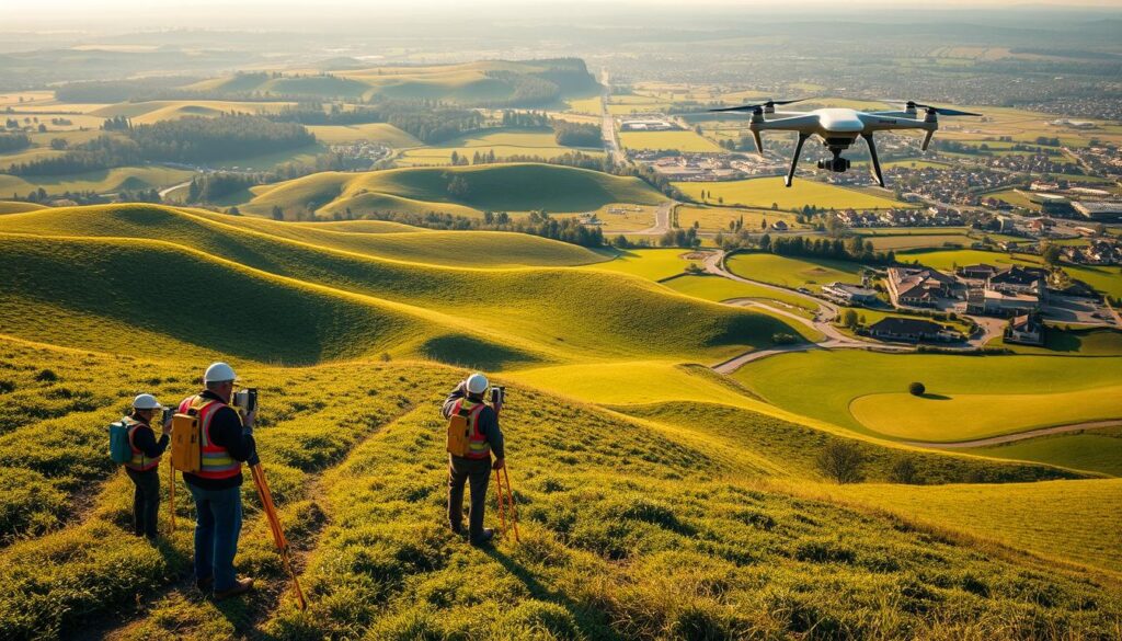 A lush, verdant landscape unfolds, dotted with rolling hills and meandering streams. In the foreground, a team of surveyors meticulously measure the contours of the terrain using high-precision GPS and laser equipment. Their movements are choreographed, each step calculated to capture the most accurate data. In the middle ground, an aerial drone hovers silently, its advanced sensors mapping the terrain from above, integrating the ground-level measurements with satellite imagery. The background is a panoramic vista of the surrounding countryside, where the practical applications of this AI-powered land surveying are evident in the precision of newly constructed buildings, roads, and infrastructure. Warm, golden sunlight bathes the scene, conveying a sense of efficiency, professionalism, and technological mastery.