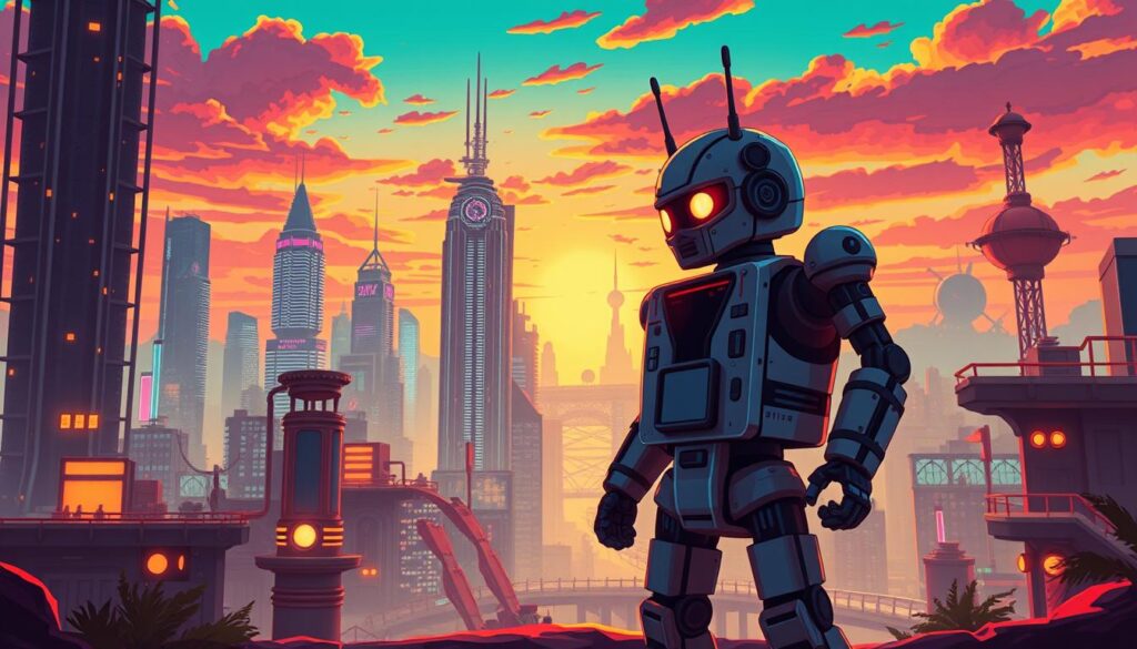 A retro-inspired, pixel-art style scene depicting Replica Island, a vibrant Android-themed world. In the foreground, a heroic android protagonist stands resolute, their robotic frame detailed with vintage-inspired elements. The middle ground features a bustling cityscape of neon-lit skyscrapers and floating platforms, evocative of classic 8-bit and 16-bit video game environments. The background showcases a vibrant, sunset-drenched sky, lending a nostalgic and whimsical atmosphere. The lighting is warm and soft, creating a captivating and immersive retro-futuristic ambiance. Subtle lens flares and a slightly grainy texture enhance the retro aesthetic. The overall composition conveys a sense of adventure, wonder, and the timeless appeal of retro gaming.