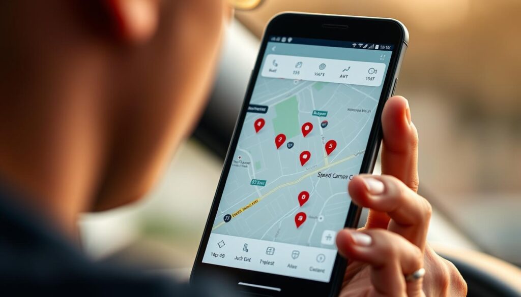 A sleek, modern mobile application interface, with a clean and intuitive design. The main screen displays a map, showcasing speed camera locations with clear icons and labels. In the foreground, a smartphone is held in a user's hand, the screen illuminating their face with a warm, natural lighting. The background blurs slightly, conveying a sense of focus and attention on the app's functionality. The overall mood is one of practicality and utility, with a touch of technological sophistication, aimed at helping drivers avoid speeding tickets.