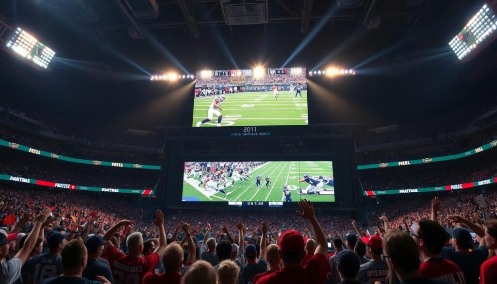 A sports arena with a large screen displaying NFL game highlights, surrounded by sports fans cheering and waving their team's colors. The lighting is dramatic, with a mix of bright spotlights and shadowy areas, creating a dynamic and exciting atmosphere. The camera angle is slightly elevated, giving a panoramic view of the scene. The focus is on the screen, showcasing the high-quality live streaming of the NFL games, with players in action and the scoreboard visible. The crowd's energy and enthusiasm for the sport are palpable, adding to the immersive experience.