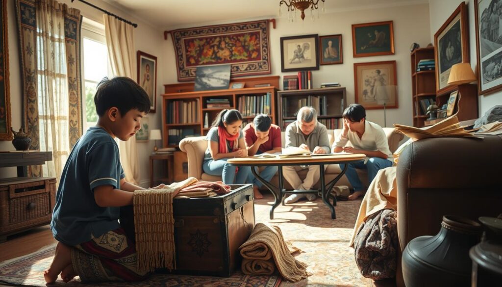 A tranquil, sun-dappled scene of a family exploring their cultural heritage. In the foreground, a young person kneels before an ornate chest, reverently examining intricate woven textiles and heirlooms. In the middle ground, other family members gather around a table, engaged in lively discussion as they pore over old photographs and documents. The background reveals a cozy, well-appointed living room, its walls adorned with tapestries, shelves of books, and framed artworks that hint at the family's diverse cultural lineage. Warm, soft lighting fills the space, creating an atmosphere of contemplation and connection to the past. The overall composition conveys a sense of discovery, appreciation, and the passing down of traditions through generations.