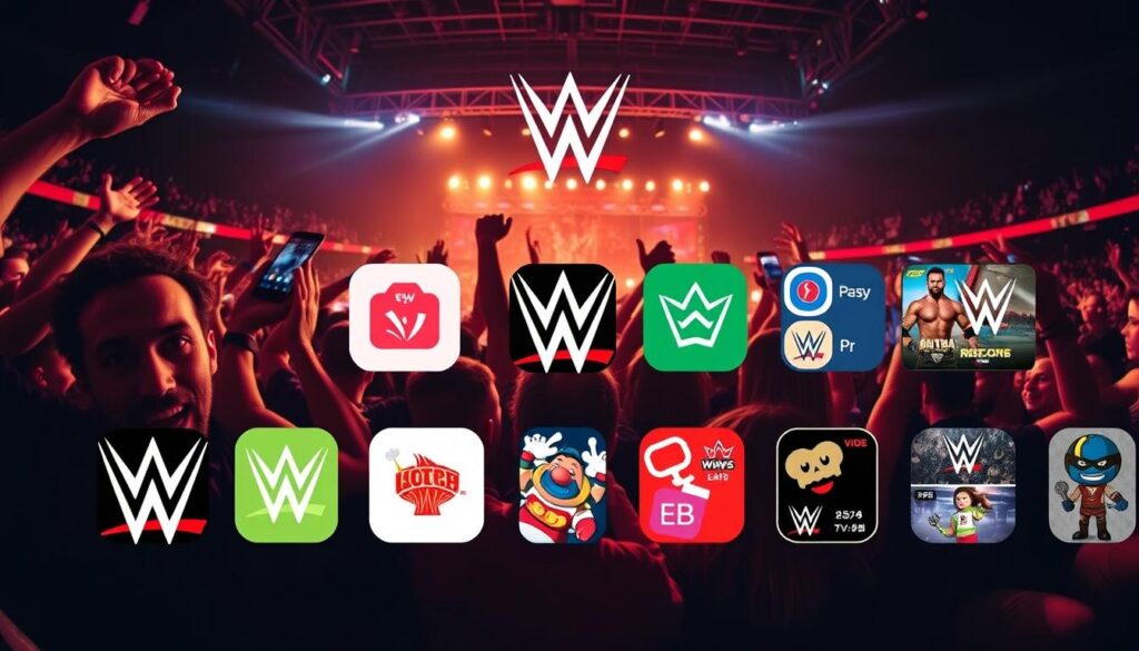 A vibrant and dynamic image showcasing the best free apps for watching WWE live wrestling matches. In the foreground, a group of passionate fans cheering and celebrating, their faces filled with excitement as they follow the intense action unfolding on their smartphone screens. The middle ground features a collage of various app logos and interfaces, each offering a seamless and user-friendly way to access the latest WWE events. The background depicts a dimly lit arena, with the iconic WWE logo and spotlights creating an immersive and atmospheric setting. The image is captured with a wide-angle lens, creating a sense of depth and immersion, and the lighting is warm and inviting, reflecting the excitement and energy of the wrestling matches. The overall mood is one of anticipation, camaraderie, and the thrill of experiencing the best of WWE wrestling through the convenience of mobile apps.