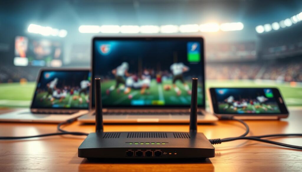 A well-designed network connection for optimal NFL streaming experience. In the foreground, a router and Ethernet cable, symbolizing a stable, high-speed internet connection. In the middle ground, various devices such as a laptop, tablet, and smartphone, representing the different platforms for watching NFL games. In the background, a blurred stadium scene, evoking the excitement and atmosphere of live NFL action. The lighting is warm and inviting, with a soft focus on the technical elements. The overall mood is one of efficiency, connectivity, and immersion in the NFL viewing experience.