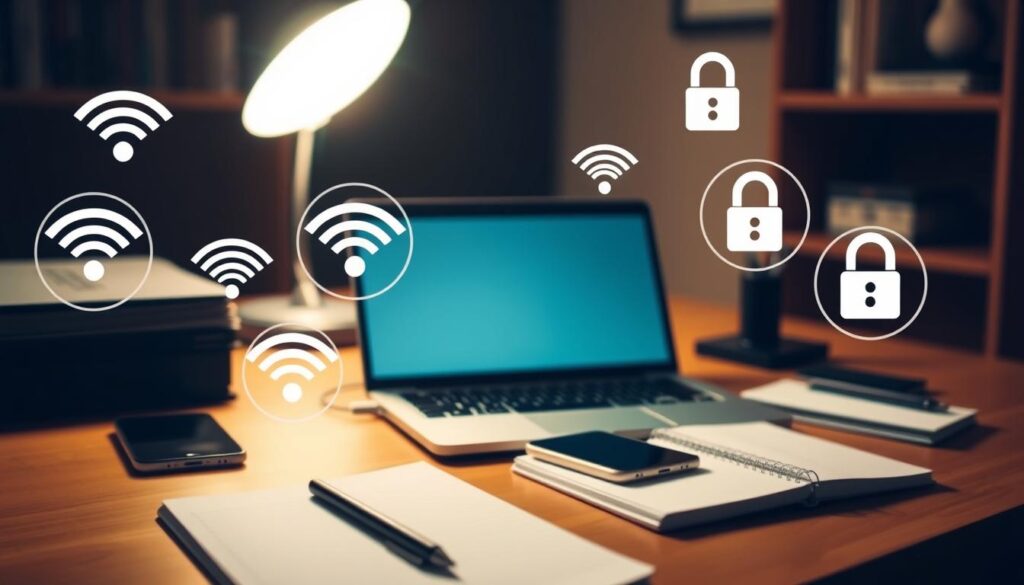 An office desk with a laptop, smartphone, and notebook, surrounded by various WiFi connection icons and password unlock symbols. The scene is illuminated by a warm, soft light, creating a contemplative atmosphere. The focus is on the laptop screen, suggesting the user is exploring ways to discover WiFi passwords from previously connected networks. The background is slightly blurred, emphasizing the task at hand. The overall mood conveys a sense of problem-solving and technological exploration.