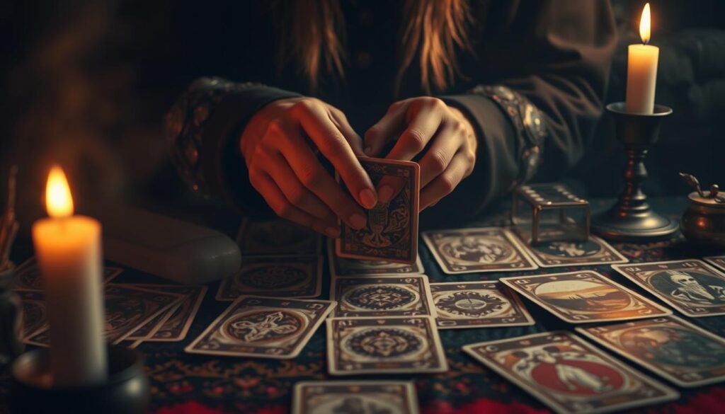 Interpretação de cartas de tarô, a mystical divination ritual. A table covered in arcane tarot cards, their intricate illustrations casting an otherworldly glow. A sorcerer's hands delicately turning the cards, seeking to uncover the secrets of the future. Soft candlelight illuminates the scene, creating an aura of ancient wisdom and mysticism. The background is shrouded in shadows, focused solely on the sacred ritual at hand. A sense of anticipation and wonder fills the air as the tarot reader interprets the cards, revealing the hidden paths of destiny. Interpretação de cartas de tarô, a mystical divination ritual. A table covered in arcane tarot cards, their intricate illustrations casting an otherworldly glow. A sorcerer's hands delicately turning the cards, seeking to uncover the secrets of the future. Soft candlelight illuminates the scene, creating an aura of ancient wisdom and mysticism. The background is shrouded in shadows, focused solely on the sacred ritual at hand. A sense of anticipation and wonder fills the air as the tarot reader interprets the cards, revealing the hidden paths of destiny.