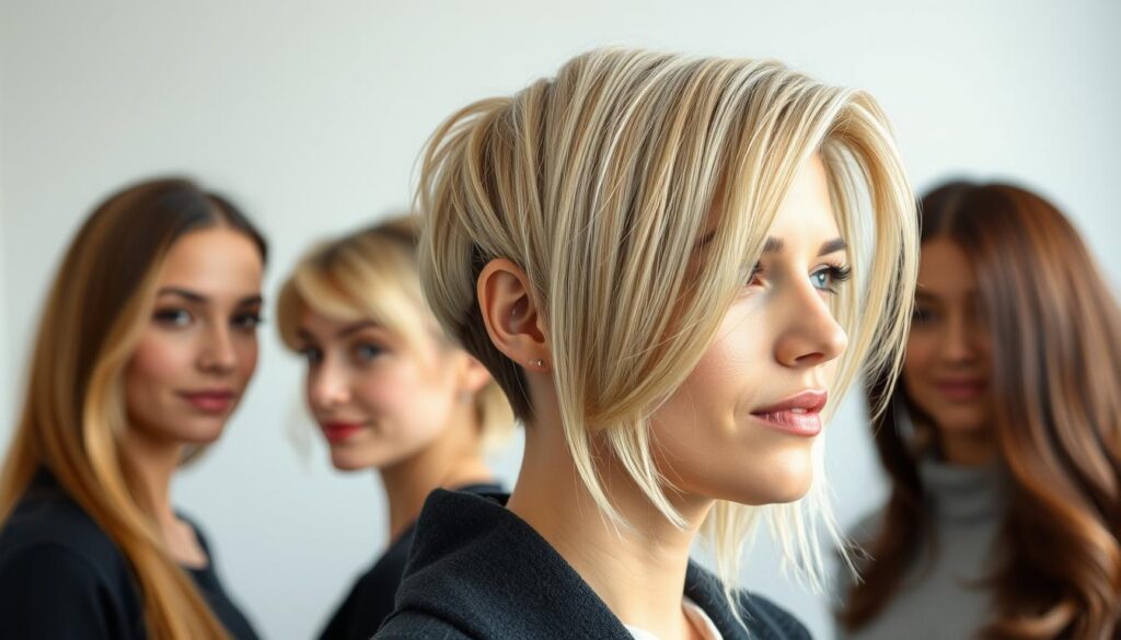 A close-up view of a person's head and shoulders, showcasing a selection of modern hairstyles. The scene is well-lit, with soft, directional lighting accentuating the textures and highlights of the hair. The background is a neutral, out-of-focus setting, allowing the hairstyles to be the central focus. The models are diverse in gender, age, and ethnicity, representing a range of contemporary haircuts and styles. The atmosphere is clean, professional, and inviting, as if the viewer is in a virtual hairstyling salon, able to explore different looks and styles. The image should convey a sense of customization and personal transformation, hinting at the AI-driven functionality of the "Hairstyle Try On" feature.