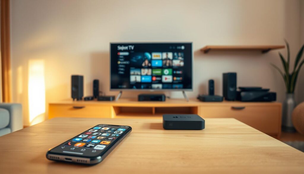 A cozy living room with a modern flatscreen TV taking center stage, surrounded by a collection of smart devices and streaming boxes. Warm lighting casts a soft glow, creating an inviting atmosphere. In the foreground, a smartphone rests on a minimalist wooden table, its screen displaying a sleek TV streaming app interface with a diverse selection of channel icons. The background features a clean, uncluttered space, emphasizing the focus on entertainment technology. The overall composition conveys the convenience and versatility of free TV streaming apps on mobile devices. A cozy living room with a modern flatscreen TV taking center stage, surrounded by a collection of smart devices and streaming boxes. Warm lighting casts a soft glow, creating an inviting atmosphere. In the foreground, a smartphone rests on a minimalist wooden table, its screen displaying a sleek TV streaming app interface with a diverse selection of channel icons. The background features a clean, uncluttered space, emphasizing the focus on entertainment technology. The overall composition conveys the convenience and versatility of free TV streaming apps on mobile devices.