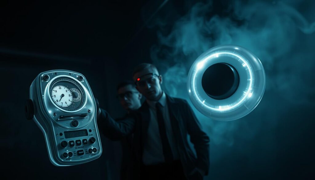 A ghostly device hovers in the foreground, its translucent form emitting an ethereal glow. Intricate dials and buttons adorn its sleek, futuristic design, suggesting advanced paranormal detection capabilities. In the middle ground, a team of determined ghost hunters brandish the device, their expressions intense as they scan the dimly lit environment for any supernatural disturbances. The background is shrouded in an eerie mist, hinting at the presence of unseen forces lurking in the shadows. Dramatic chiaroscuro lighting casts dramatic shadows, heightening the sense of mystery and tension. This high-tech ghost detector is a versatile tool for the dedicated paranormal investigator, ready to uncover the secrets of the unknown.