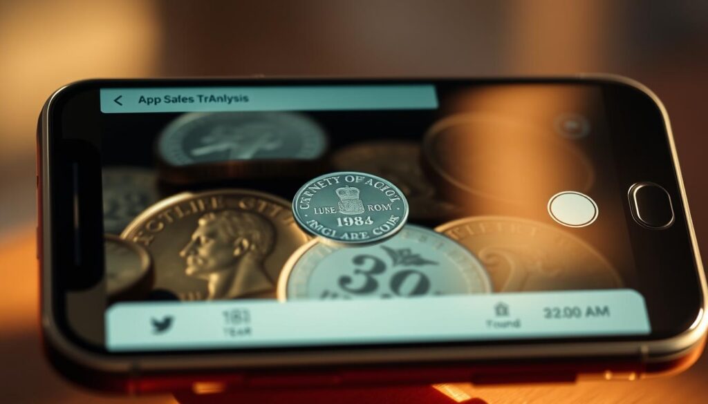A high-resolution close-up image of a smartphone screen displaying the CoinSnap app's coin recognition interface. The app's user interface is clean and intuitive, with a central camera viewfinder surrounded by detailed information about the detected coin, including its denomination, year, and estimated value. The screen is bathed in warm, natural lighting, casting subtle shadows and highlights that emphasize the texture and details of the coins. The background is slightly blurred, keeping the focus on the smartphone screen and the precise, professional-grade coin analysis it provides.