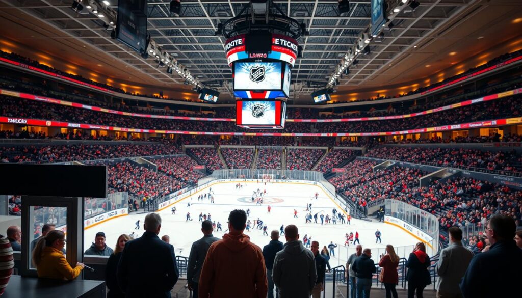 A hockey arena interior, with a vibrant atmosphere and a focus on the ticket purchasing experience. The foreground features a large ticket booth with a friendly attendant, surrounded by people eagerly awaiting their tickets. The middle ground showcases the arena's grand architecture, with high ceilings, sleek ice rinks, and the distant sound of cheering fans. The background is filled with anticipation, as spectators gather, dressed in their team's colors, ready to immerse themselves in the thrill of the live hockey event. The lighting is warm and inviting, creating a sense of excitement and camaraderie. The overall composition conveys the excitement and accessibility of attending a live NHL hockey game. A hockey arena interior, with a vibrant atmosphere and a focus on the ticket purchasing experience. The foreground features a large ticket booth with a friendly attendant, surrounded by people eagerly awaiting their tickets. The middle ground showcases the arena's grand architecture, with high ceilings, sleek ice rinks, and the distant sound of cheering fans. The background is filled with anticipation, as spectators gather, dressed in their team's colors, ready to immerse themselves in the thrill of the live hockey event. The lighting is warm and inviting, creating a sense of excitement and camaraderie. The overall composition conveys the excitement and accessibility of attending a live NHL hockey game.