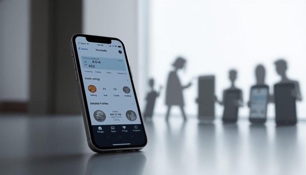 A modern, sleek smartphone display showcasing a numismatic app interface. The foreground features the app's clean, minimalist design with intuitive navigation menus, currency exchange rates, and a detailed catalog of rare coin profiles. The middle ground depicts the app seamlessly integrating with the device's operating system, emphasizing its compatibility and cross-platform functionality. The background subtly suggests the app's wide accessibility, with silhouettes of various smartphone models in the distance. Soft, diffused lighting creates a professional, high-tech atmosphere, highlighting the app's user-friendly and sophisticated aesthetic. A modern, sleek smartphone display showcasing a numismatic app interface. The foreground features the app's clean, minimalist design with intuitive navigation menus, currency exchange rates, and a detailed catalog of rare coin profiles. The middle ground depicts the app seamlessly integrating with the device's operating system, emphasizing its compatibility and cross-platform functionality. The background subtly suggests the app's wide accessibility, with silhouettes of various smartphone models in the distance. Soft, diffused lighting creates a professional, high-tech atmosphere, highlighting the app's user-friendly and sophisticated aesthetic.