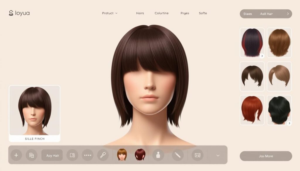 A sleek, modern website interface with a clean, minimalist design. In the center, a realistic 3D model of a person's head, with customizable hair styles, colors, and cuts displayed in a simple but elegant user interface. The background is a soft, neutral tone, allowing the main focus to be on the hair simulation. Lighting is soft and diffused, creating a natural, realistic effect. The overall mood is one of accessibility, user-friendliness, and empowering self-expression through digital hair transformation. A sleek, modern website interface with a clean, minimalist design. In the center, a realistic 3D model of a person's head, with customizable hair styles, colors, and cuts displayed in a simple but elegant user interface. The background is a soft, neutral tone, allowing the main focus to be on the hair simulation. Lighting is soft and diffused, creating a natural, realistic effect. The overall mood is one of accessibility, user-friendliness, and empowering self-expression through digital hair transformation.