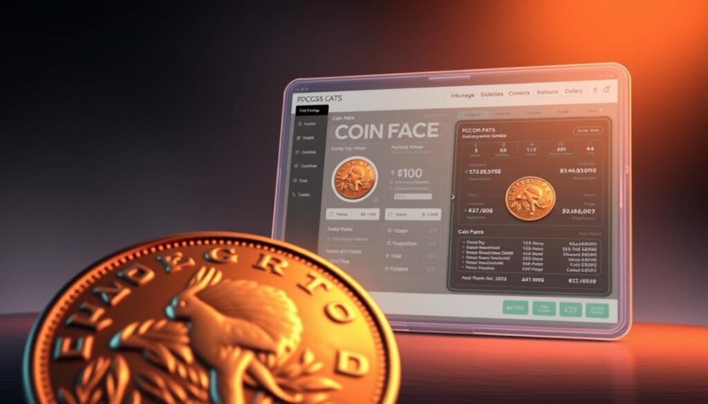 A sophisticated digital illustration of the PCGS Coin Facts platform, showcasing its comprehensive features for discerning coin collectors. The foreground depicts a high-resolution close-up of a rare, expertly graded coin, its details meticulously rendered. In the middle ground, a sleek, intuitive user interface is displayed, highlighting the platform's analytical tools and detailed coin information. The background features a clean, minimalist design with subtle metallic textures, conveying a sense of professionalism and authority. Warm, directional lighting creates depth and emphasizes the coin's intricate features, while a slightly low camera angle suggests the platform's comprehensive and authoritative nature.