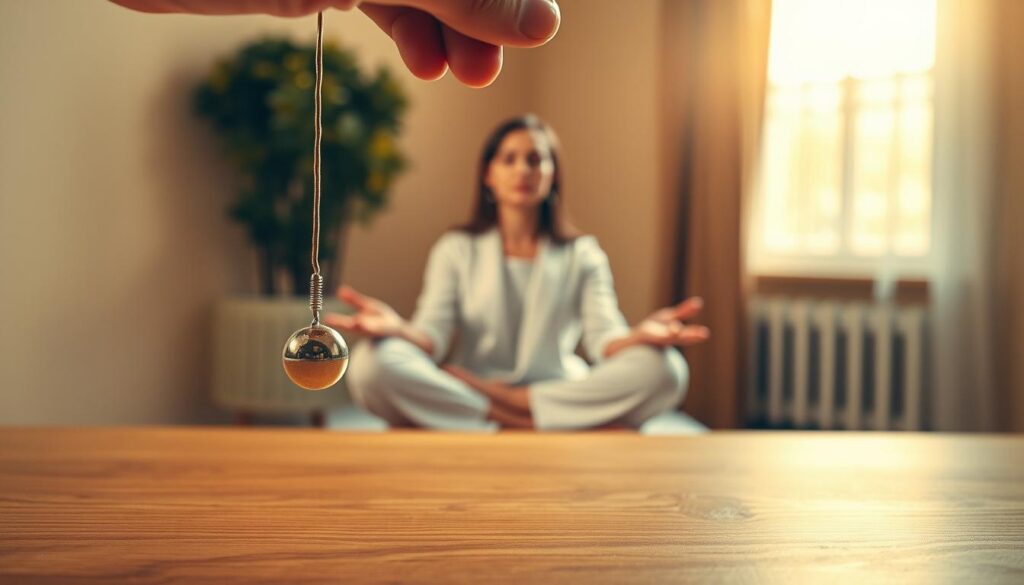 A spiritually charged scene depicting a person using a pendulum for divination. The foreground shows a hand delicately holding a pendulum suspended above a smooth, wooden surface. The pendulum's arc casts a subtle shadow, hinting at its movements. In the middle ground, a serene figure sits in a meditative pose, eyes closed, palms upturned, channeling the energy of the spiritual realm. The background features a warm, ambient glow, with soft light filtering through a window, creating a contemplative atmosphere. The lighting is gentle, almost ethereal, casting a calming, spiritual aura over the entire scene. A spiritually charged scene depicting a person using a pendulum for divination. The foreground shows a hand delicately holding a pendulum suspended above a smooth, wooden surface. The pendulum's arc casts a subtle shadow, hinting at its movements. In the middle ground, a serene figure sits in a meditative pose, eyes closed, palms upturned, channeling the energy of the spiritual realm. The background features a warm, ambient glow, with soft light filtering through a window, creating a contemplative atmosphere. The lighting is gentle, almost ethereal, casting a calming, spiritual aura over the entire scene.