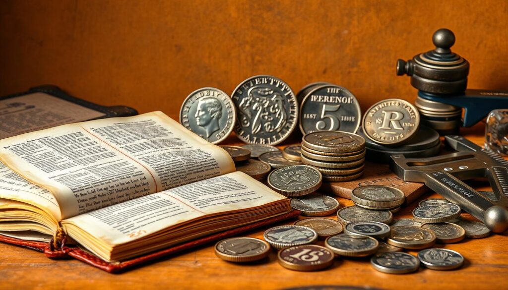 A vibrant and informative illustration of "Practical Tips for Beginners in the Coin Market". Set against a warm, earthy-toned background, the scene showcases a carefully curated collection of rare and valuable coins. In the foreground, a weathered yet intriguing leather-bound book lays open, revealing detailed notes and diagrams. Around it, an assortment of numismatic tools - calipers, loupes, and coin holders - are neatly arranged, conveying a sense of expertise and precision. In the middle ground, several pristine coin specimens are displayed, their intricate designs and mint conditions emphasized by soft, directional lighting. The overall mood is one of scholarly intrigue, inspiring the viewer to delve deeper into the captivating world of rare coin collection and trading.
