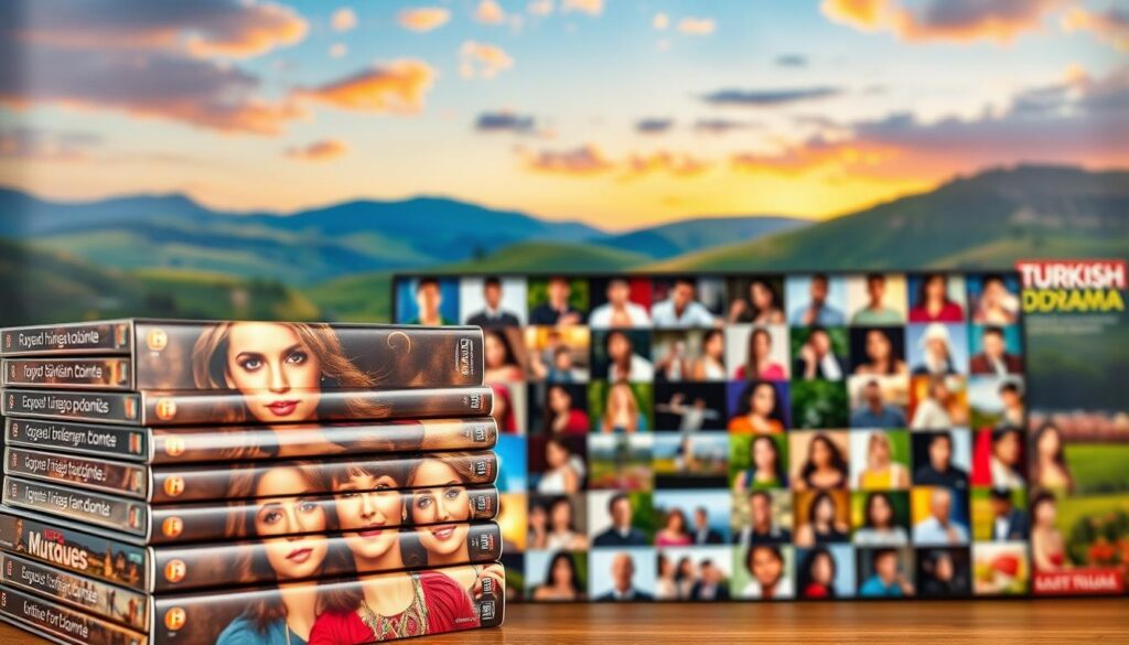 A vibrant collage of popular Turkish TV drama series, captured in a cinematic style. In the foreground, a stack of glossy DVD covers featuring captivating lead actors and actresses, their expressions conveying the drama and emotions of these beloved telenovelas. The middle ground showcases a grid of thumbnail images, representing the diverse range of Turkish dramas available for viewers to enjoy. In the background, a lush, colorful landscape evokes the exotic settings and cultural richness of these captivating stories, all presented in a high-quality, professional manner to showcase the best of Turkish television in Portuguese.
