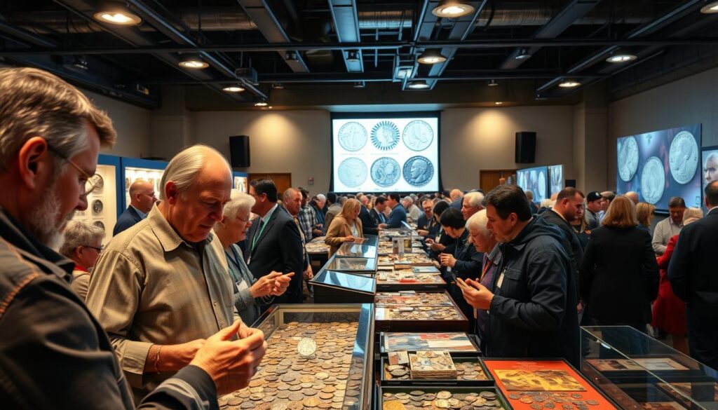 A vibrant gathering of numismatic enthusiasts, their hands eagerly examining rare coins under the warm glow of overhead lights. In the foreground, a collector compares notes with a fellow hobbyist, their faces animated with shared passion. Behind them, a display case showcases a dazzling array of meticulously preserved specimens, each a window into history. The middle ground is a bustling hive of activity, as collectors browse vendor stalls, engaged in lively discussions and negotiations. In the background, a large projection screen displays images of iconic coins, casting an educational atmosphere over the scene. The lighting is soft, diffused, lending a sense of camaraderie and intellectual pursuit to the integrated community.