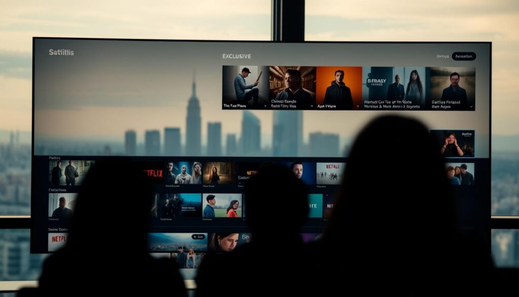 A visually captivating streaming platform interface, showcasing a diverse array of exclusive content. The foreground features a sleek, minimalist display of streaming titles, thumbnails, and icons, hinting at the breadth of the offerings. The middle ground depicts silhouettes of viewers, immersed in the content, conveying a sense of engagement and enjoyment. In the background, a soft, blurred cityscape or natural landscape sets the scene, creating a sense of tranquility and escapism. The lighting is subtle, with a warm, inviting glow, reflecting the allure of the exclusive streaming experience. The overall composition and color palette evoke a sense of sophistication, quality, and the promise of captivating entertainment.