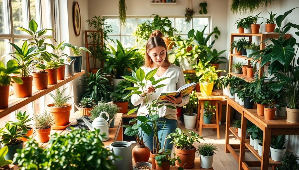 A bright, inviting indoor space filled with a variety of lush green plants in stylish pots on wooden shelves and tables. In the foreground, a carefully organized plant care station with tools like watering cans, pruning shears, and plant food arranged neatly. A warm, golden light streams in through a large window, casting soft shadows that add depth. In the middle, a person in casual clothing, focused and gentle, is observing a plant while jotting down notes in a colorful planner. The background features more vibrant plants of different shapes and sizes, creating a cozy and nurturing atmosphere. The overall mood is calm, encouraging, and inspiring, conveying the joy of being a dedicated plant parent. A bright, inviting indoor space filled with a variety of lush green plants in stylish pots on wooden shelves and tables. In the foreground, a carefully organized plant care station with tools like watering cans, pruning shears, and plant food arranged neatly. A warm, golden light streams in through a large window, casting soft shadows that add depth. In the middle, a person in casual clothing, focused and gentle, is observing a plant while jotting down notes in a colorful planner. The background features more vibrant plants of different shapes and sizes, creating a cozy and nurturing atmosphere. The overall mood is calm, encouraging, and inspiring, conveying the joy of being a dedicated plant parent.