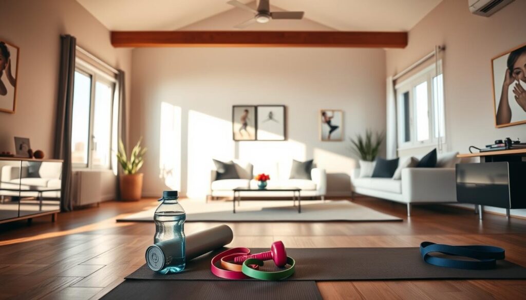 A cozy home studio setting, bathed in warm, natural lighting from large windows. In the foreground, a neatly organized space with a yoga mat, water bottle, and some basic Zumba equipment like resistance bands and dumbbells. The middle ground features a spacious, minimalist living area with sleek, modern furniture, creating a calming, uncluttered ambiance. In the background, a simple, yet elegant decor with subtle Zumba-inspired wall art or plants, evoking a sense of wellness and movement. The overall atmosphere is inviting, motivating, and ready for an energetic Zumba session.