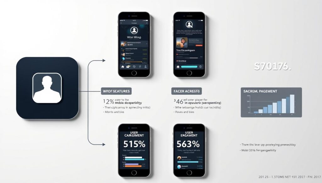 A detailed analysis of mobile applications for discovering who viewed your Facebook profile. A professional-grade infographic set against a clean, minimalist backdrop. Prominently featured are the app icons, screenshots, and data visualizations highlighting key features and user engagement metrics. The composition is balanced, with a sleek, modern aesthetic conveyed through the use of monochromatic colors, geometric shapes, and subtle lighting effects. The overall mood is one of informative utility, allowing the data to speak for itself without distracting embellishments.