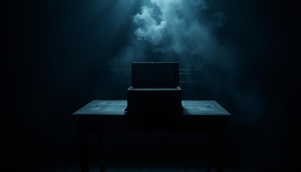 A dimly lit room, with a vintage wooden table in the center. On the table, a sleek black spirit box sits, its display glowing softly. The room is filled with an eerie, atmospheric lighting, casting long shadows across the walls. In the background, a hazy, ethereal mist swirls, hinting at the unseen presence of the spiritual realm. The image conveys a sense of curiosity, wonder, and a touch of trepidation, as the viewer is drawn into the mysterious world of the spirit box and its potential to connect with the otherworldly.