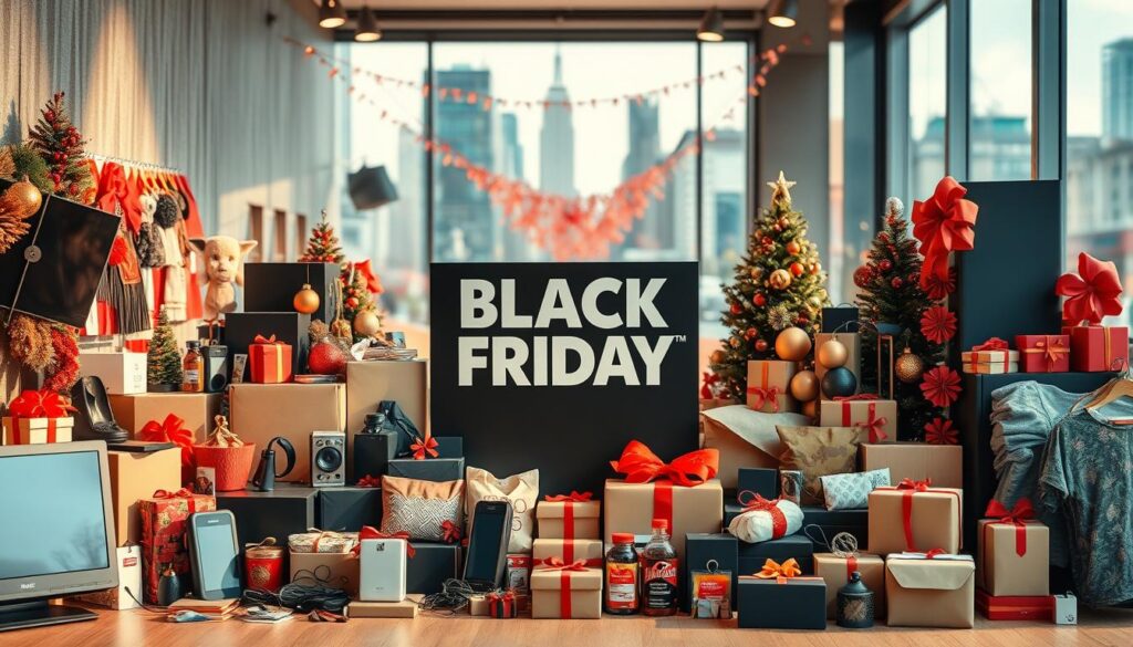 A diverse array of Black Friday products arranged in a visually striking composition. In the foreground, an assortment of electronics, fashion items, and home goods are displayed against a softly lit, textured background. The middle ground features vibrant seasonal decorations, creating a festive atmosphere. In the background, a blurred cityscape suggests the urban setting of the shopping event. Warm lighting and natural shadows add depth and dimension to the scene, inviting the viewer to explore the wealth of discounted offerings. The overall mood is one of excitement and anticipation, capturing the spirit of the highly anticipated shopping holiday.