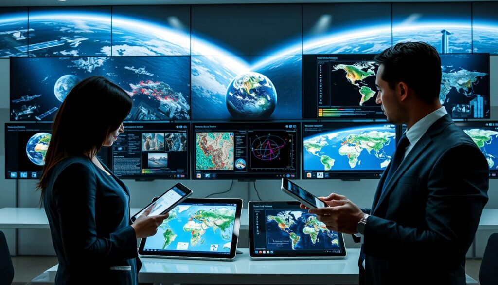 A dynamic comparison of satellite visualization applications, featuring multiple digital screens arranged in a sleek, modern workspace. In the foreground, two professionals in business attire are examining satellite imagery on tablets and laptops, showcasing data analysis and interface elements. The middle layer includes detailed interface graphics of various apps, with distinct features highlighted like real-time imagery, zoom capabilities, and user-friendly maps. The background features a large digital wall display illustrating satellite technology with earth observed from space, enhancing the high-tech atmosphere. The lighting is bright and focused, with a futuristic aesthetic that evokes innovation and accessibility, ensuring a highly engaging visual comparison without any text overlay or distractions. A dynamic comparison of satellite visualization applications, featuring multiple digital screens arranged in a sleek, modern workspace. In the foreground, two professionals in business attire are examining satellite imagery on tablets and laptops, showcasing data analysis and interface elements. The middle layer includes detailed interface graphics of various apps, with distinct features highlighted like real-time imagery, zoom capabilities, and user-friendly maps. The background features a large digital wall display illustrating satellite technology with earth observed from space, enhancing the high-tech atmosphere. The lighting is bright and focused, with a futuristic aesthetic that evokes innovation and accessibility, ensuring a highly engaging visual comparison without any text overlay or distractions.