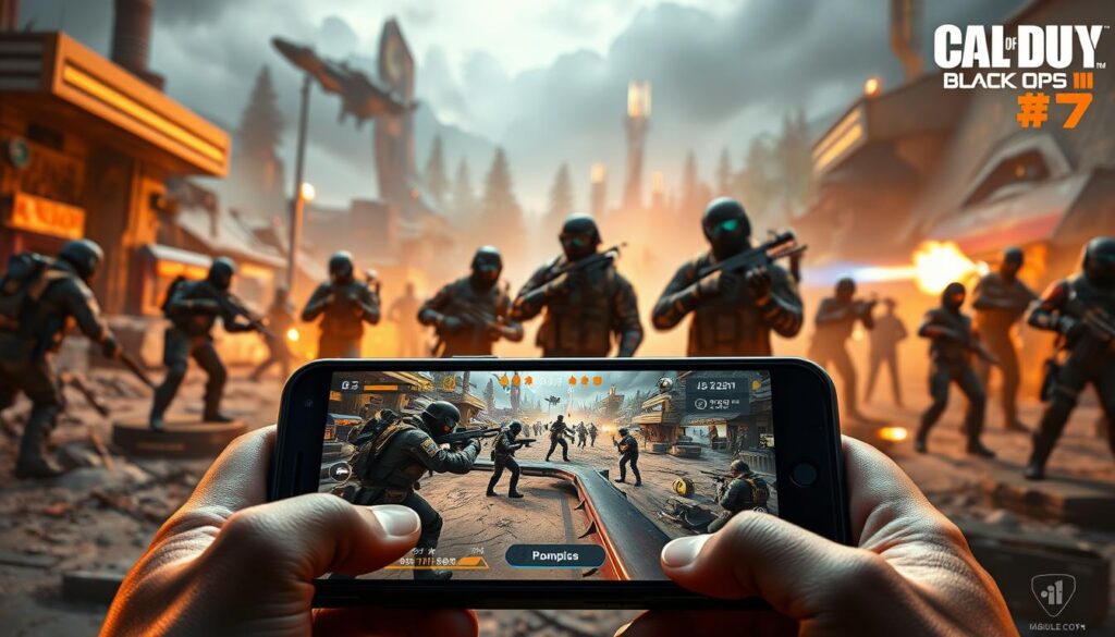 A dynamic scene depicting various innovative gameplay modes from Call of Duty: Black Ops 7 on a mobile platform. In the foreground, a close-up of a sleek mobile device displaying an intense battle screen, complete with action-packed graphics and character customization. The middle ground features engaging characters in professional military gear, communicating and strategizing, showcasing camaraderie and teamwork. In the background, a futuristic battlefield with diverse environments like urban ruins, dense forests, and high-tech installations, all illuminated by dramatic lighting that enhances the intensity of combat. The atmosphere is electrifying, filled with excitement and anticipation, captured from a slightly tilted, immersive perspective that draws the viewer into the action. The colors are vibrant and high-contrast, creating a visually striking experience.