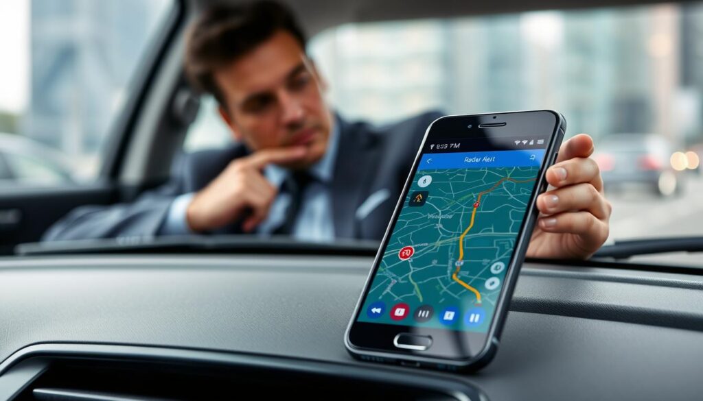 A focused scene illustrating essential criteria for selecting a navigation application, showcasing a modern smartphone displaying a radar alert interface. In the foreground, the phone rests on a sleek car dashboard, with a detailed map and radar icons visible on the screen, reflecting vibrant colors. In the middle ground, a thoughtful user in professional attire, such as a business suit, is analyzing the phone's features. The background features a blurred cityscape, emphasizing an urban driving environment. Soft, diffused lighting creates a professional and insightful atmosphere, with subtle emphasis on the phone’s screen to draw attention. The shot is taken from a slightly elevated angle, providing a comprehensive view of the scene while maintaining focus on the smartphone and the user's engagement.
