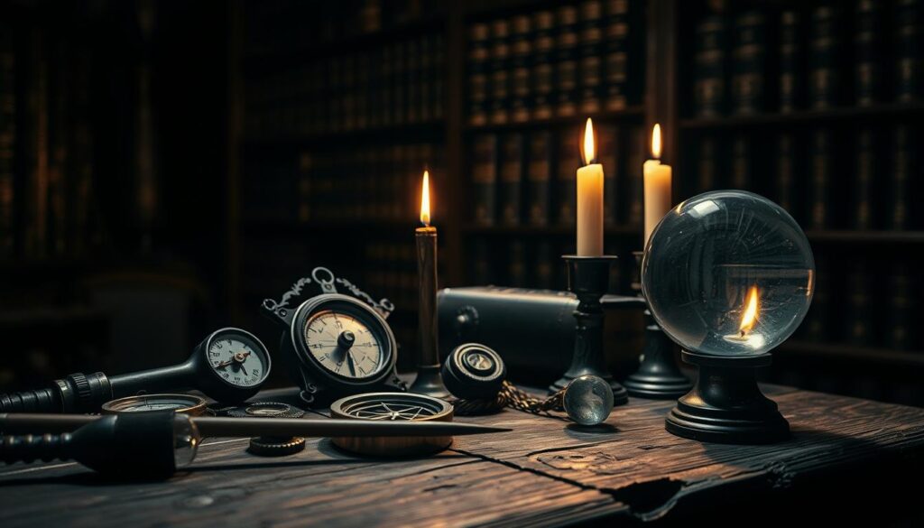 A gothic and mystical still life capturing a complete kit of paranormal investigation tools. In the foreground, an array of vintage instruments - a dowsing rod, a compass, an electromagnetic field detector, and a crystal ball, all positioned on a weathered wooden table. The middle ground features a burning candle, casting a warm glow and creating an atmospheric chiaroscuro effect. In the background, a shadowy, dimly lit room with a bookshelf housing ancient tomes on the occult. The overall scene exudes an air of mystery, intrigue, and the supernatural.