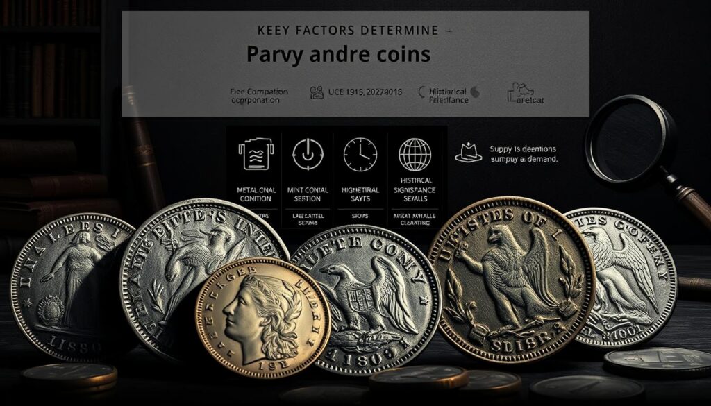 A high-contrast, ultra-detailed illustration showcasing the key factors that determine the rarity and value of rare coins. Depicted in the foreground are several well-preserved historic coins, their intricate designs and mint marks highlighted by dramatic chiaroscuro lighting. In the middle ground, a series of icons and infographic elements illustrate the primary variables - metal composition, age, mint condition, historical significance, and supply vs. demand. The background features a shadowy, textured setting suggestive of an antique collector's study, with bookshelves, a magnifying glass, and other numismatic tools visible. The overall mood is one of scholarly reverence for the artistry and prestige of these prized numismatic artifacts.