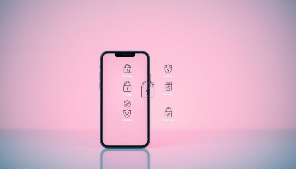 A highly secure mobile application with a clean, modern interface. In the foreground, a smartphone displaying various safety icons and symbols, such as locks, shields, and security checkmarks, conveying the app's robust security features. The middle ground features a serene, pastel-colored backdrop, reflecting a sense of trustworthiness and reliability. In the background, a subtle grid pattern or geometric shapes suggest the app's attention to detail and technical sophistication. The lighting is soft and diffused, creating a warm, inviting atmosphere that encourages user confidence. The overall composition and color palette evoke a feeling of safety, privacy, and assurance when using the application. A highly secure mobile application with a clean, modern interface. In the foreground, a smartphone displaying various safety icons and symbols, such as locks, shields, and security checkmarks, conveying the app's robust security features. The middle ground features a serene, pastel-colored backdrop, reflecting a sense of trustworthiness and reliability. In the background, a subtle grid pattern or geometric shapes suggest the app's attention to detail and technical sophistication. The lighting is soft and diffused, creating a warm, inviting atmosphere that encourages user confidence. The overall composition and color palette evoke a feeling of safety, privacy, and assurance when using the application.