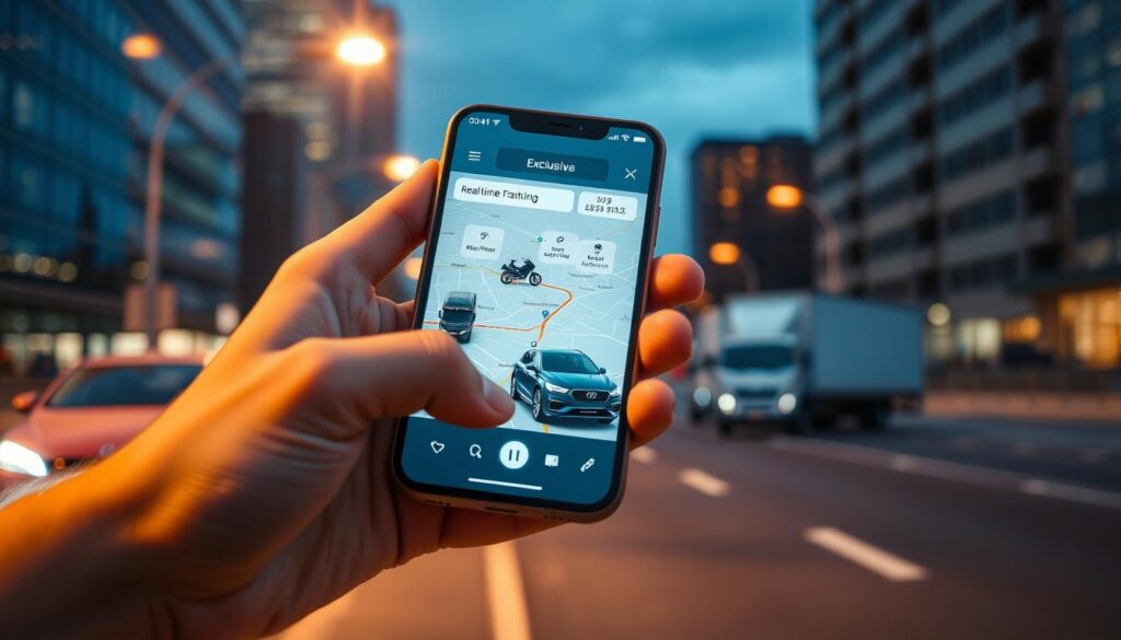 A modern and sleek vehicle tracking interface displayed on a smartphone, showcasing exclusive features such as real-time tracking, route optimization, and alerts. The foreground features a close-up of the smartphone in a user's hand, focusing on the vibrant screen with detailed maps and data. The middle ground includes a subtle depiction of a car, motorcycle, and truck, representing different types of vehicles being tracked, all rendered in a stylish and sleek manner. The background is an urban setting at dusk, with ambient city lights creating a professional and futuristic atmosphere. The scene is illuminated with soft, warm lighting to evoke a sense of innovation and security. The composition emphasizes the advantages of using the tracking platform, highlighting technological sophistication and reliability.