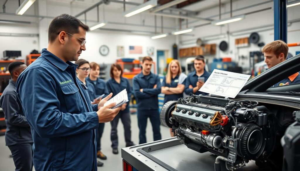 A modern automotive workshop with a professional mechanic teaching a group of students the principles of automotive mechanics. In the foreground, a mechanic in a blue jumpsuit explains the inner workings of a car engine on a cutaway model, using clear diagrams and hands-on demonstrations to engage the students. In the middle ground, students in safety goggles and uniforms watch attentively, taking notes and asking questions. In the background, the workshop is filled with a variety of tools, equipment, and workbenches, creating a sense of a well-equipped and practical learning environment. The lighting is bright and uniform, highlighting the details of the lesson and creating a focused, educational atmosphere.