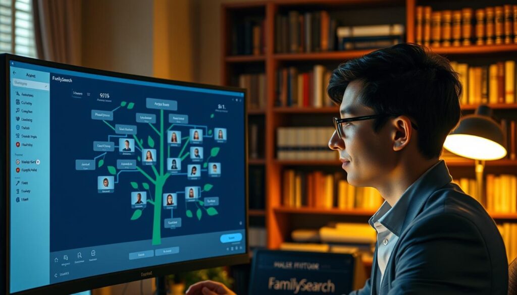 A modern computer interface showcasing the FamilySearch platform, featuring a vibrant family tree with various branches and leaves representing ancestors. In the foreground, a user interacts with the screen, their face illuminated by the soft glow of the monitor, dressed in professional business attire. In the middle, the transparent overlay displays charts, historical documents, and icons showing ancestry links and familial connections. The background is a cozy, well-lit home office with bookshelves filled with genealogical reference materials, evoking a sense of exploration and discovery. The lighting is warm and inviting, emphasizing the importance of family history and connection. The image conveys a sense of wonder and knowledge as users engage with their heritage through this free and popular tool.