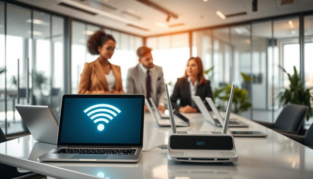 A professional setting showcasing the legal and ethical aspects of WiFi access. In the foreground, a diverse group of three people in business attire are engaged in a discussion, viewing a laptop displaying a glowing WiFi signal icon. The middle ground features laptops, tablets, and WiFi routers representing the technology behind connectivity, arranged on a sleek conference table. In the background, a modern office environment, with glass walls and greenery, enhances the atmosphere. Soft, ambient lighting casts a warm glow, while sunlight filters through the windows, emphasizing the importance of connectivity. The mood is collaborative and forward-thinking, reflecting a serious yet optimistic approach to digital access rights.