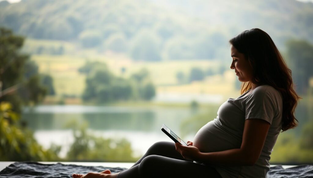 A serene and calming scene depicting the advantages of using pregnancy apps to reduce anxiety. In the foreground, a pregnant woman sits peacefully, her hands gently resting on her belly as she interacts with a mobile device, its screen displaying soothing visuals. The middle ground features a tranquil, natural landscape with lush greenery and a calming body of water. The background is softly lit, creating a warm, ambient atmosphere that exudes a sense of comfort and well-being. The lighting is soft and diffused, accentuating the woman's serene expression and the calming environment surrounding her. The overall composition conveys a feeling of relaxation, empowerment, and the positive impact that pregnancy apps can have on reducing anxiety during this transformative time.