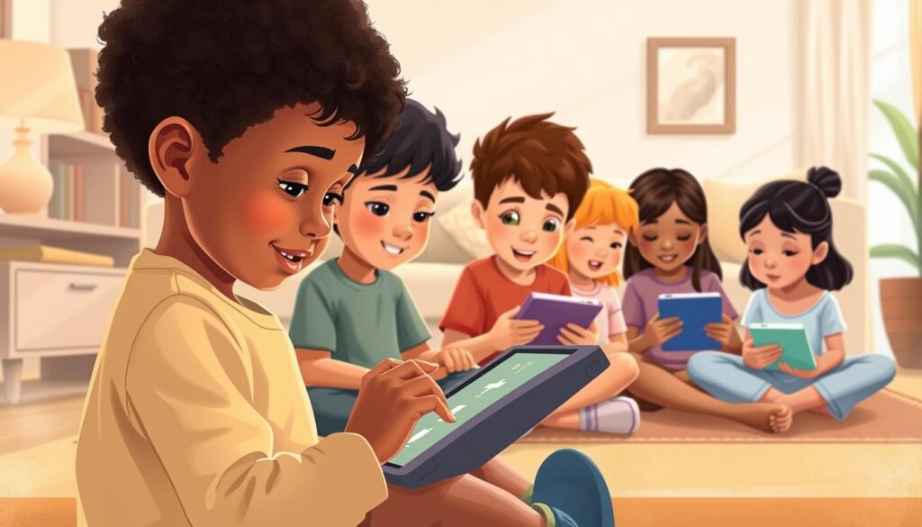 A serene and inviting illustration depicting a diverse group of children engaged with a Bible-themed mobile application. In the foreground, a young child enthusiastically taps on a tablet, their eyes filled with wonder. In the middle ground, a mix of ages sit cross-legged, intently following the interactive stories and lessons on their devices. The background showcases a warm, cozy living room setting, with soft lighting and comfortable furnishings, creating a nurturing and educational atmosphere. The overall scene conveys the idea of engaging biblical content tailored for different age groups, fostering spiritual growth and exploration through a modern, accessible medium. A serene and inviting illustration depicting a diverse group of children engaged with a Bible-themed mobile application. In the foreground, a young child enthusiastically taps on a tablet, their eyes filled with wonder. In the middle ground, a mix of ages sit cross-legged, intently following the interactive stories and lessons on their devices. The background showcases a warm, cozy living room setting, with soft lighting and comfortable furnishings, creating a nurturing and educational atmosphere. The overall scene conveys the idea of engaging biblical content tailored for different age groups, fostering spiritual growth and exploration through a modern, accessible medium.