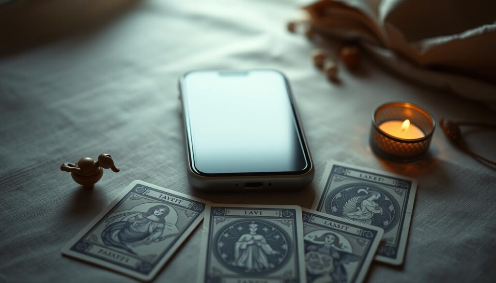 A serene and inviting mobile application interface, featuring a tarot deck with intricate card illustrations. The foreground showcases the tarot cards in a visually appealing layout, with a focus on privacy and user control. The middle ground presents a sleek and minimalist design, with clean lines and muted tones that convey a sense of tranquility and discretion. The background subtly hints at a mystical, ethereal ambiance, with soft lighting and a dreamlike atmosphere that complements the tarot theme. The overall composition should evoke a sense of personal exploration, protection of one's digital privacy, and responsible engagement with the tarot experience within the application. A serene and inviting mobile application interface, featuring a tarot deck with intricate card illustrations. The foreground showcases the tarot cards in a visually appealing layout, with a focus on privacy and user control. The middle ground presents a sleek and minimalist design, with clean lines and muted tones that convey a sense of tranquility and discretion. The background subtly hints at a mystical, ethereal ambiance, with soft lighting and a dreamlike atmosphere that complements the tarot theme. The overall composition should evoke a sense of personal exploration, protection of one's digital privacy, and responsible engagement with the tarot experience within the application.