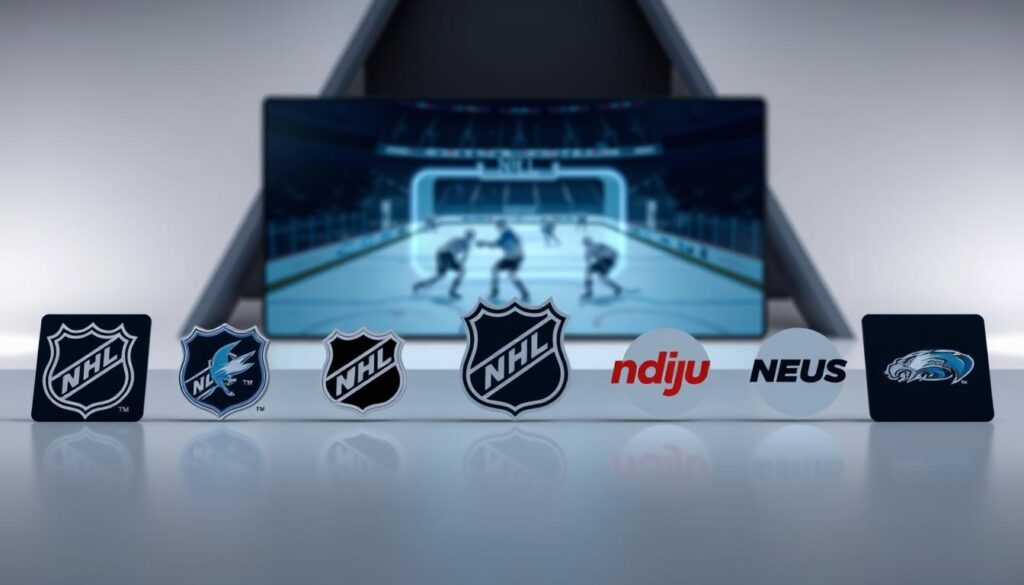A sleek, modern composition showcasing a comparative analysis of the leading NHL streaming services. In the foreground, a row of prominent logos representing the major streaming platforms, each presented against a clean, minimal backdrop. The midground features a holographic NHL game feed, its players and action frozen in time, creating a sense of dynamic anticipation. The background gently blurs, highlighting the importance of the comparative information. Soft, diffused lighting casts an air of professionalism and authority, while a subtle color palette of blues, grays, and whites evokes a sense of technological sophistication. The overall scene conveys a comprehensive, data-driven comparison of the top NHL streaming options.
