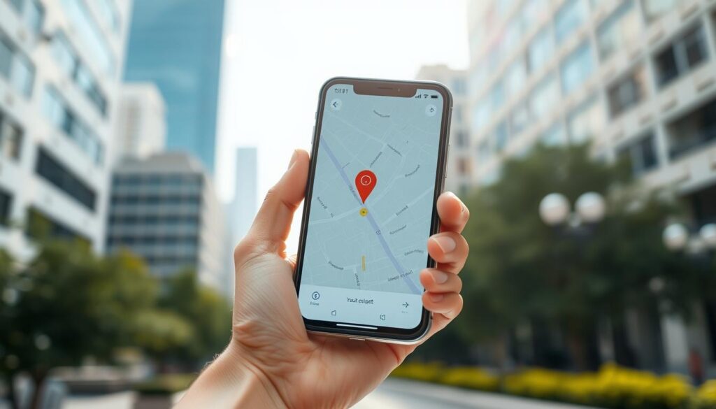 A sleek, modern smartphone held in an outstretched hand, displaying a bright, user-friendly interface of a phone locator application, featuring a map pinpointing the location of a lost device. In the background, a softly blurred urban environment with subtle hints of greenery, representing a balanced urban life. The foreground focuses on the hand’s gesture, emphasizing user engagement, while the middle layer captures the details of the phone’s screen glowing softly, creating a warm, inviting atmosphere. Soft natural lighting filters in, giving the scene a vibrant and hopeful mood. The composition is shot from a slight upward angle, showcasing both the phone and the cityscape behind, with clean lines and a polished aesthetic, evoking a sense of technology and connectivity.