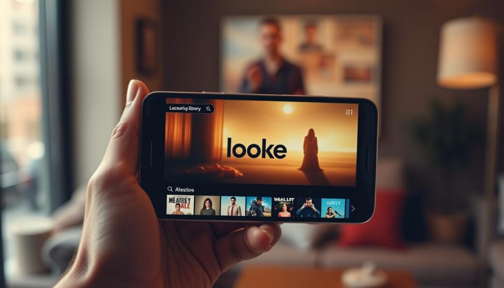 A striking and realistic image of a smartphone displaying the "Looke" streaming service, showcasing its diverse HD content library. The smartphone is held in a relaxed hand, with a blurred background suggesting an urban setting or cozy living room. Warm, diffused lighting creates a soft, inviting atmosphere, highlighting the crisp, vibrant visuals on the smartphone's screen. The composition emphasizes the convenience and accessibility of Looke's mobile platform, inviting the viewer to imagine enjoying high-quality films and shows on the go.